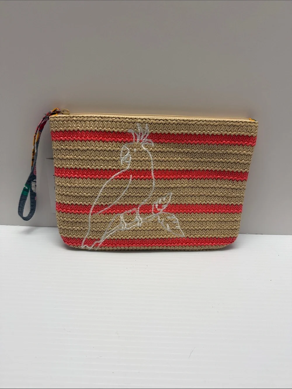 Vera Bradley Woven Straw Wristlet Pouch with Coral Stripe and Parrot Embroidery